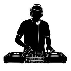 DJ mixing music at turntables in a dark environment  