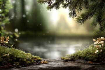 Obraz premium Lush green forest scene with tranquil water surface reflecting soft light, surrounded by mossy rocks and delicate leaves, creating a serene natural atmosphere