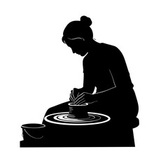 Woman shaping clay on pottery wheel in studio for art and creativity  