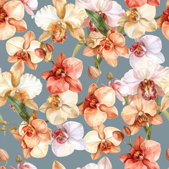 Elegant seamless pattern of watercolor orchids. Watercolor orchid pattern perfect for fabric, textile, wallpaper, or stationery.