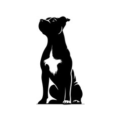 Noble pitbull dog sitting attentively with an uplifted gaze, rendered in a striking black and white silhouette with subtle highlights. Animal concept
