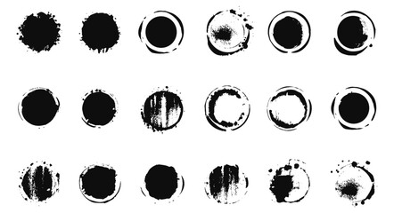 Grungy coffee ring collection, black circular shapes, ink stain vector illustration, rubber stamp emblem, messy texture design, punk logo elements, splash mark, badge shape, retro frame.