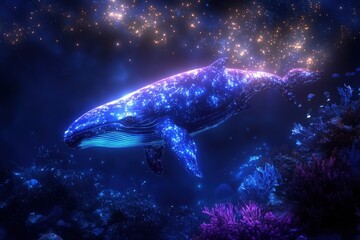 Luminescent whale in a vibrant underwater scene.