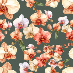 Elegant seamless pattern of watercolor orchids. Watercolor orchid pattern perfect for fabric, textile, wallpaper, or stationery.