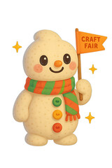 Cute snowman character holding flag that says Craft Fair, with colorful scarf and buttons, surrounded by stars
