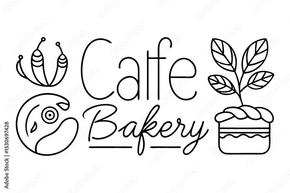 Poster continuous line art cafe elements graphic set isolated on transparent background