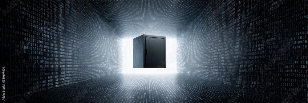 Poster Locked Safe Hovers Above a Binary Tunnel in a Digital Landscape, Showcasing an Intriguing Intersection of Security and Technology