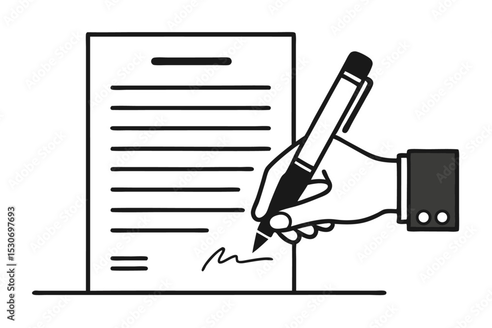 Poster hand signing document contract line art isolated on transparent background