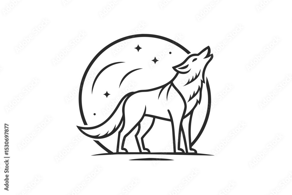 Poster simple line drawing of a wolf howling at the moon isolated on transparent background