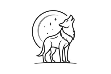 Simple line art wolf howling at the moon design isolated on transparent background