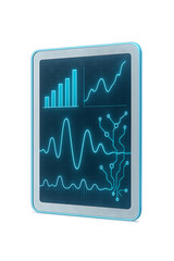 Digital tablet displaying vibrant graphs and waveforms, showcasing data analysis and technology. glowing lines represent