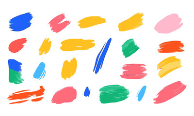 Colorful brush stroke set, bright vivid red blue yellow orange green pale pink ink elements, abstract paint design, vector illustration, creative background, artistic pattern, modern brushwork.