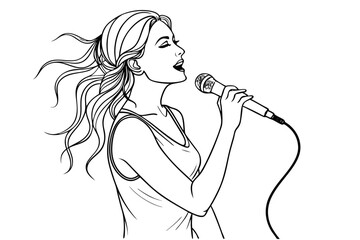 Young singer continuous line art drawing isolated on transparent background