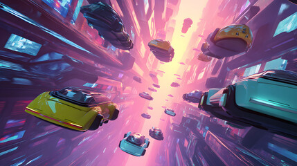 3D cartoon of a futuristic flying car highway
