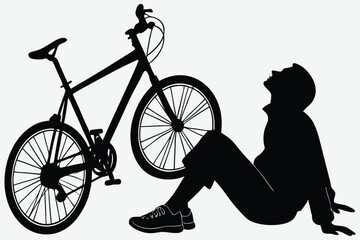 A person resting beside a bicycle silhouette design vector art and illustration