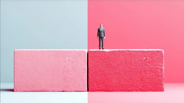 Miniature Businessman Standing on Red Block, Contrasting with Pink Block and Blue Background, Representing Business Decisions and Career Choices