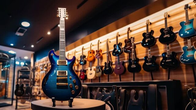 beautiful electric guitars in a music store 