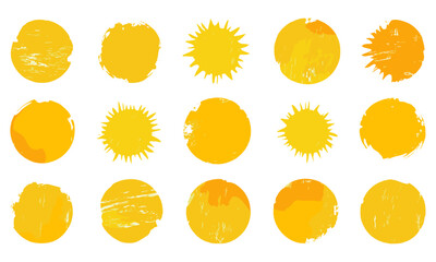 Brush sun stamps, distressed golden stamps, abstract yellow suns, rough grungy circles, orange summer frames, hand-drawn round labels, watercolor brushstrokes, round ink texture badges.