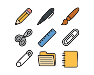 Pencil pen paper clip ruler stationary  icon set