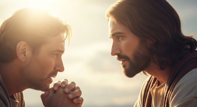 Intimate dialogue two figures, bathed in ethereal light, depicts profound connection