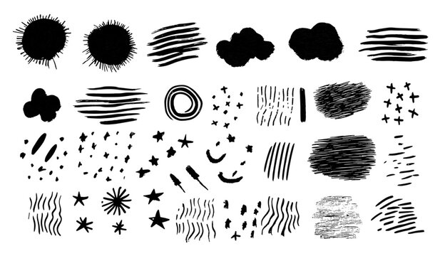 Vector illustration of chalk doodle set, pencil scribble textures, charcoal brush strokes, kids crayon lines, underlines, stars, clouds, rainbows, sketch elements, transparent background.