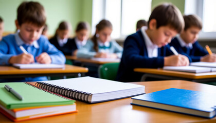 Beginning of the school year - schoolchildren in a classroom at school. Generated by AI.