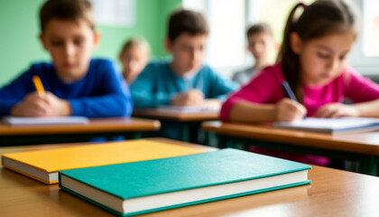 Beginning of the school year - schoolchildren in a classroom at school. Generated by AI.