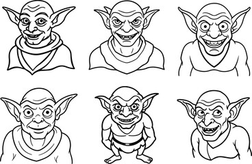 Set of goblin outline coloring book page vector illustration