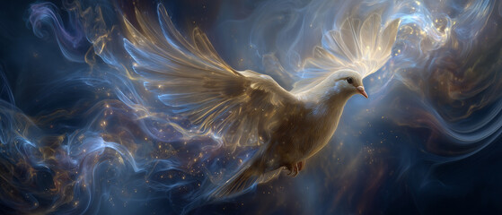 artistic blue & golden dove; abstract vision; concept of god, holy spirit, pentecost