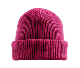 A deep magenta, ribbed knit beanie