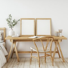 A modern interior background featuring a home office in a bedroom, designed according to Scandinavian principles, includes a mock-up poster frame, all created using 3D render and 3D illustration