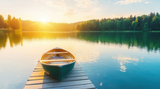 Calm lake at sunrise with a boat docked on a wooden pier - Powered by Adobe