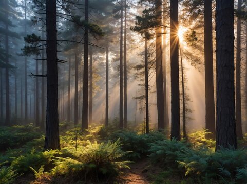 A tranquil pine forest enveloped in dawn's mist, sunlight filtering through the trees in a photorealistic portrayal.