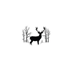 deer standing in a misty forest silhouette on white background