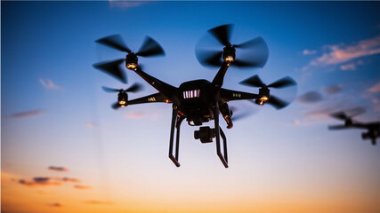 Naklejka premium Drone in the evening sky. AI generated.