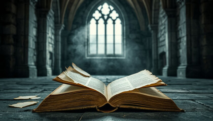 An old book in a gothic temple on the floor. AI generated.