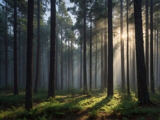 Naklejka premium A tranquil pine forest enveloped in dawn's mist, sunlight filtering through the trees in a photorealistic portrayal.