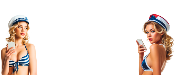 banner with 2 beautifu, sexy blond female holiday makers holding mobile and wearing bikini & summer sailor hat isolated over transparent (white) background; concept of summer fashion, travel, tourism