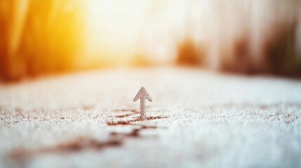 Arrow pointing upwards on a snowy path in winter sunlight