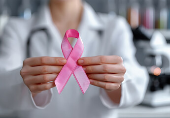 manos de medica joven sosteniendo un lazo rosa, simbolo de cancer de mama, con fondo de bata medica blanca y consulta clinica borrosa