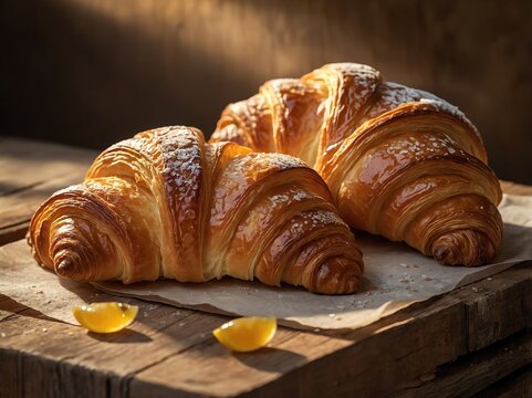 Freshly baked croissants on rustic wooden table