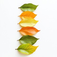 Fototapeta premium A vertical arrangement of leaves showcasing autumnal color transitions.