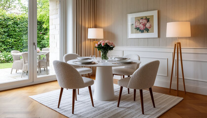 Interior of dining area in apartments in light colors. Comfort and cleanliness. Generated by AI.