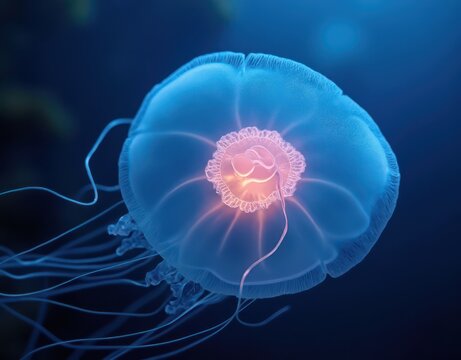 Small blue Atolla jellyfish with glowing central disk in deep blue water. Generative AI