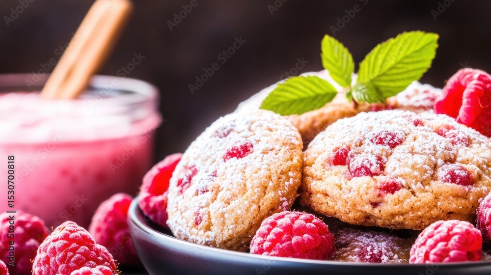 Poster delicate raspberry cookies served with refreshing yogurt sauce