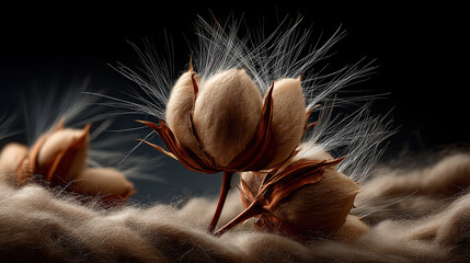 Macro of fluffy cotton threads with visible fibrous micro-strands and soft shadows on neutral clean background