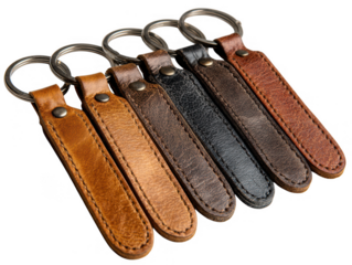 Five leather keychains in various brown shades isolated on transparent background