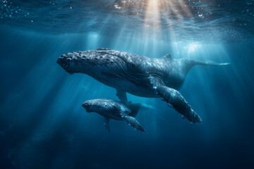 Fototapeta premium a peaceful underwater scene with a mother whale and baby swimming 