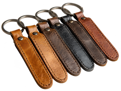 Five leather keychains in various brown shades isolated on transparent background