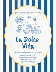 Hand drawn Italian dinner party invitation templates. Pasta, pizza, wine glass, cheese, tomato, lemon, olive oil, and cannoli illustrations. Elegant La Dolce Vita designs with food doodles.